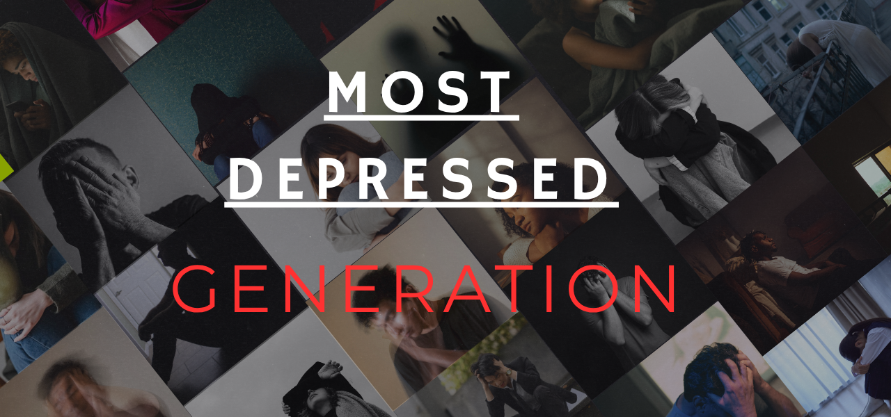 A collage of emotionally distressed individuals, featuring the bold text "Most Depressed Generation" across the center, representing the rising mental health struggles faced by the current depressed generation.
